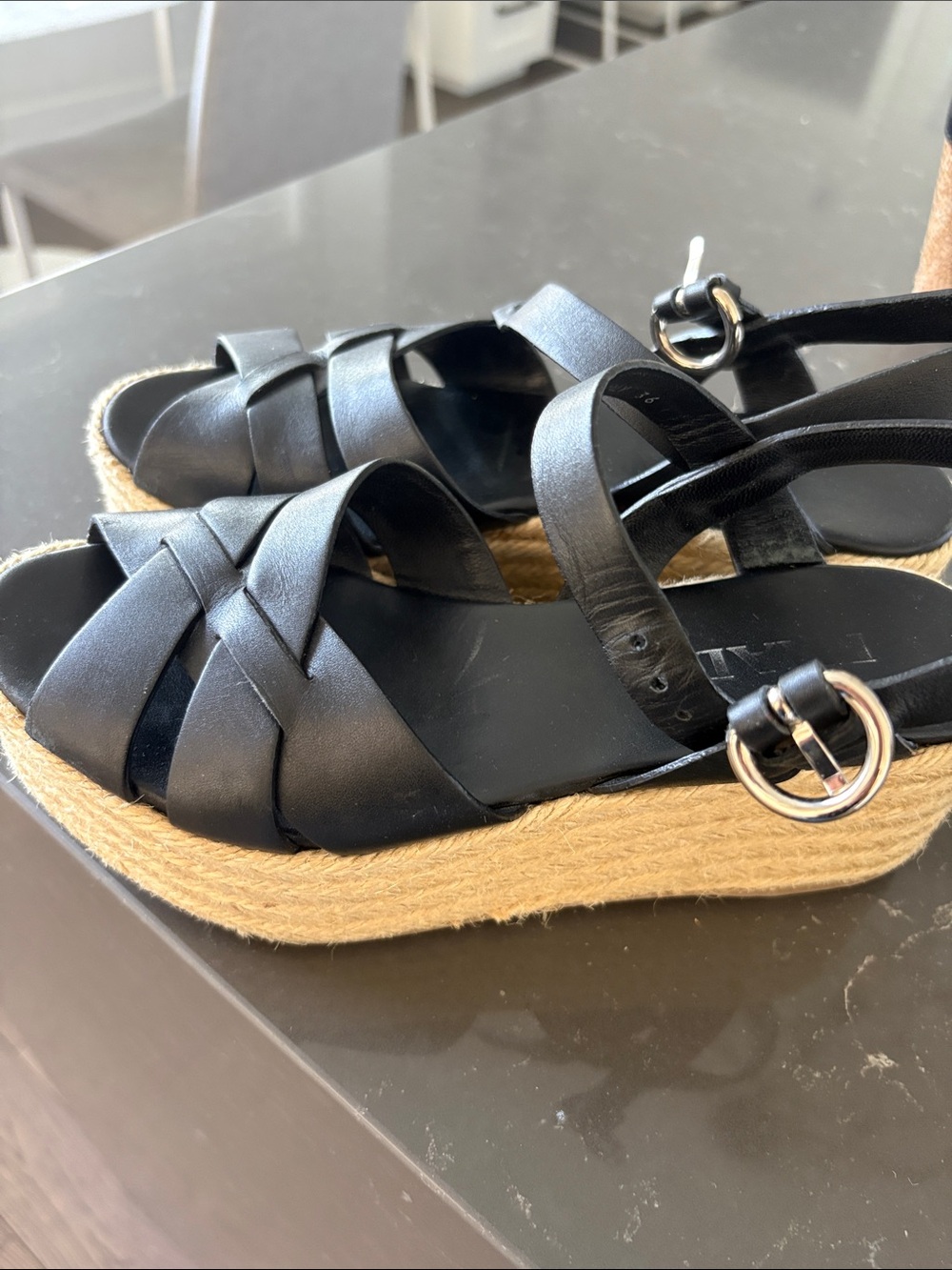 Prada Black Leather Braided Espadrille Sandals with Silver Buckle